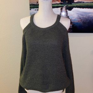 SANCTUARY Rib Knit Sweater Olive Army Military Green Cold Shoulder Cut Out